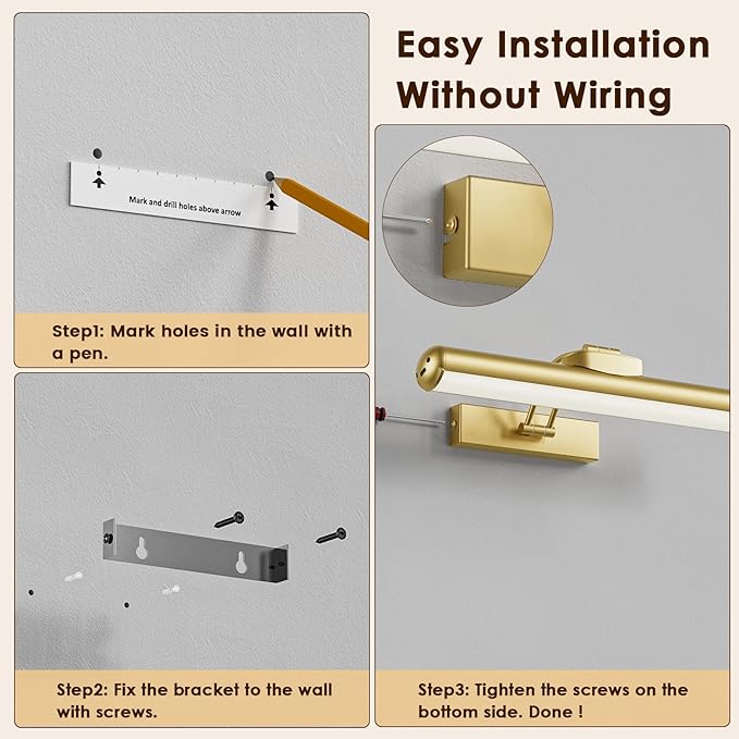 Picture Light for Wall with Remote, Wireless Battery Operated Wall Lights with 3 Colors Dimmable & Timer, 12.6" Rechargeable Metal Wall Sconce for Living Room, Artwork Gallery Display, Gold 1Pack