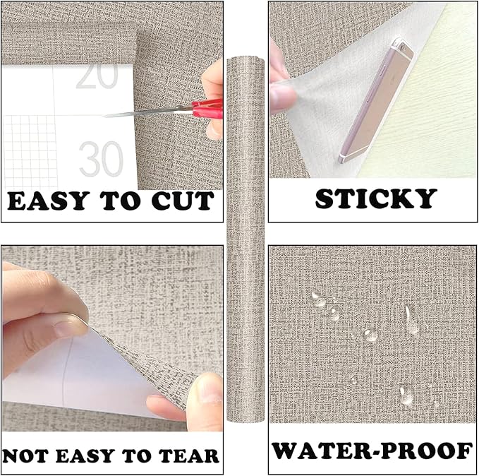 Yancorp Textured Fabric Wallpaper - 16"x120" Faux Grasscloth Peel & Stick Self-Adhesive Removable Wallpaper & Counter Top Liners