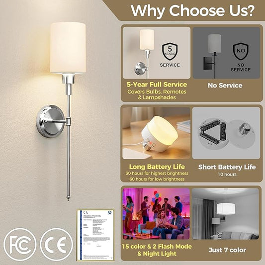 DORESshop Battery Operated Wall Sconce Set of 2, Wireless Wall Light Easy to Install, 7 Color Rechargeable Wall Sconces, Sconce Wall Decor Set of 2 for Bedroom, Living Room, Chrome, 24.3in