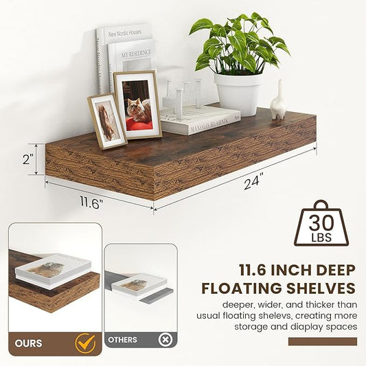 12 Inch Deep Floating Shelves | 24 Inch Brown Floating Shelves | 24" W x 12" D Rustic Wood Shelves for Wall | Deep Shelves for Living Room Bathroom Laundry Room Kitchen