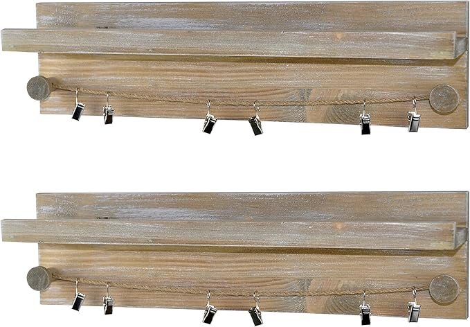 Set of 2 Wall-Mounted Picture Ledge Shelves - Twine Cords with Metal Clips - Rustic Torched Wood - Farmhouse Gray - for Hanging Photos, Prints, Artwork in Nursery, Living, Bedroom