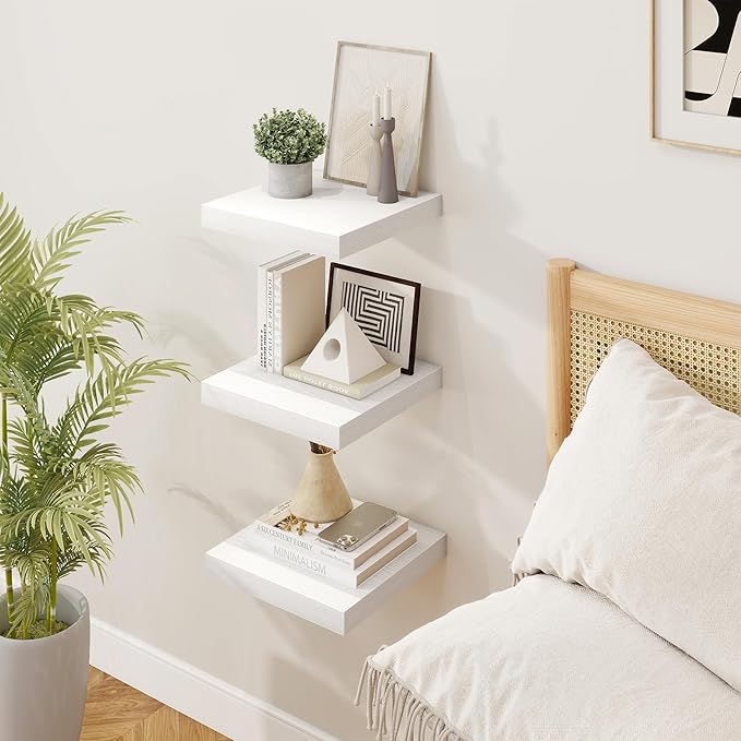 Square Floating Shelves for Wall, 9.25"W x 9.25"D x 1.25"H, 3 Pack Small Wall Mounted Engineered Wood Shelves with Invisible Brackets for Living Room, Bedroom, Bathroom, Kitchen Decor, White