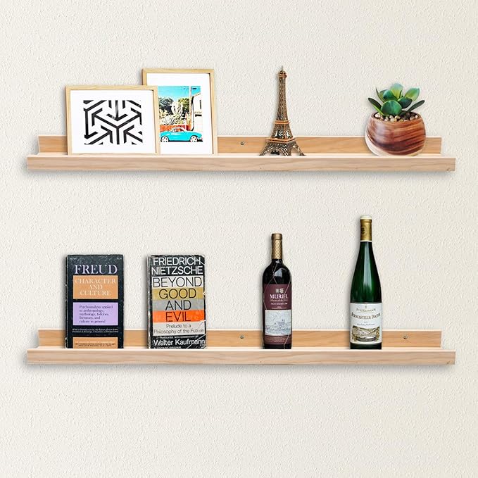 AZSKY Picture Ledge Long Floating Wall Shelf 48 Inch Photo Ledge Display Floating Shelves Wall Mounted Shelves Home Decor Nursery Bookshelf Natural Wood Set of 2