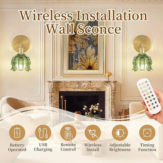 Vintage Battery Wall Sconce with Flower lampshade,Rechargeable Battery Powered Wall Lights,Wall lamp with 15 Colors for Bedroom Living Room Home Decor (Flower Green, 2 Light Battery Operated)