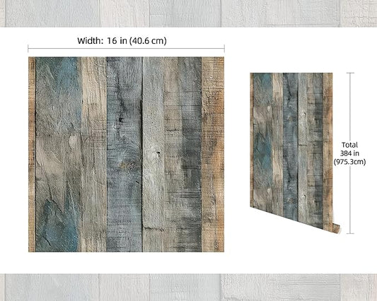 FLFK 16" x 384" Wallpaper Peel and Stick Blue-Gray Wood Contact Paper for Bedroom Kitchen Bathroom
