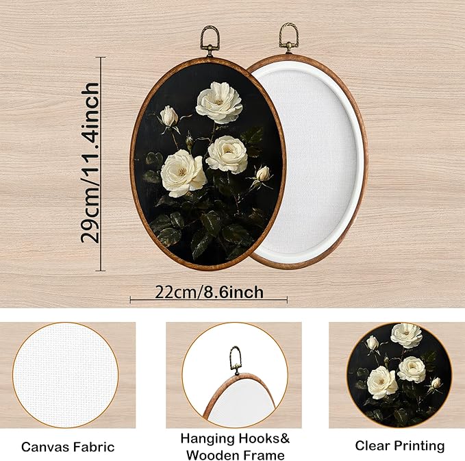 KSDUT Flower Wall Art Decor - Botanical Neutral Mid Century Modern Wall Art Canvas Frame Hanging Prints, Vintage White Floral Oval Wall Art Decor for Home Decorations 8.6"x11.4"