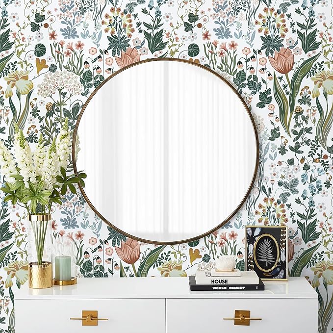 Peel and Stick Wallpaper Vintage White Wallpaper Floral Contact Paper Removable Wall Paper 17.3"x78.7" Leaf Flower Self Adhesive for Bedroom Bathroom Drawer Decor