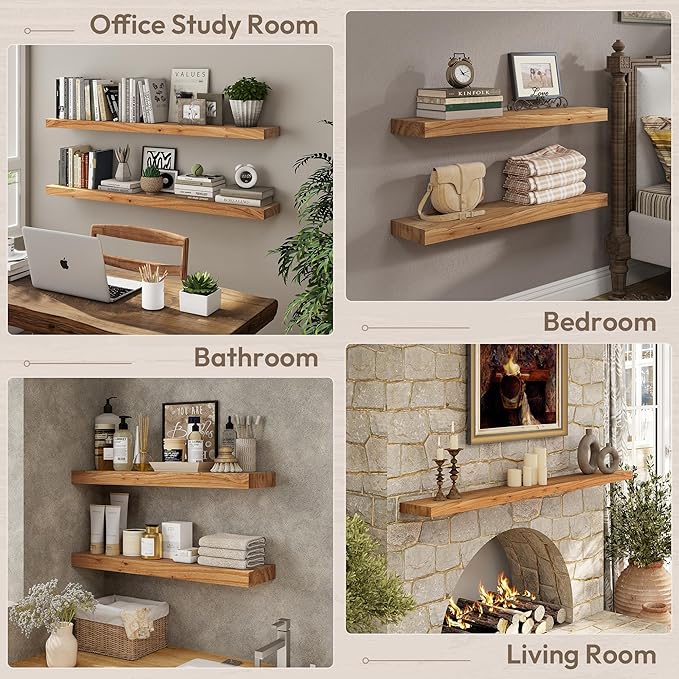 Marsmiles 48 inch Floating Shelves for Wall Solid Elm Wood Wall Mounted Shelves|Rustic Long Floating Shelves with Invisible Bracket for Bathroom Living Room Kitchen|Natural, 1 Pack