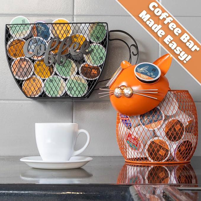 Made Easy Kit Coffee Pod Basket Organizer Useful Decor - Compatible with Keurig K-Cup Pods - Home Coffee Bar Functional Decoration - Café Station Countertop Freestanding Storage (Orange Cat)