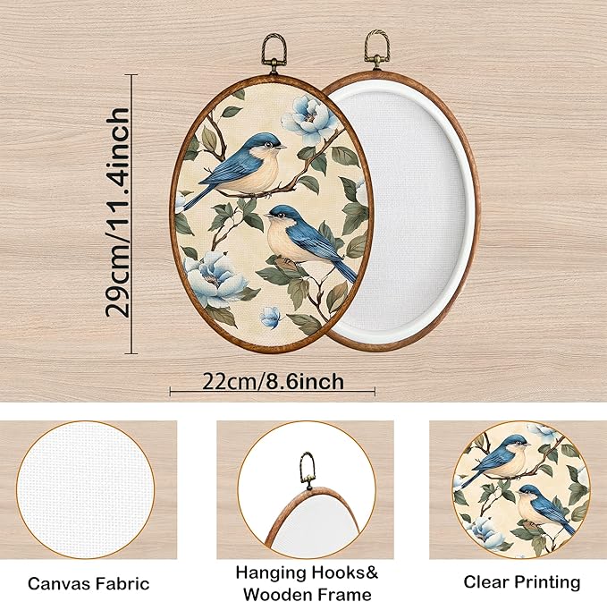 KSDUT Bird Wall Art Decor - Chinoiserie Neutral Mid Century Modern Wall Art Canvas Frame Hanging Prints, Vintage Landscape Oval Wall Art Decor for Home Decorations 8.6"x11.4"