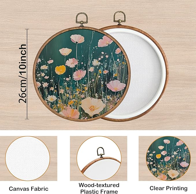 KSDUT Retro Aesthetic Floral Green Wall Art Decor - Botanical Neutral Mid Century Modern Wall Art Canvas Frame Hanging Prints, Vintage Landscape Round Wall Art Decor for Home Decorations 10"x10"