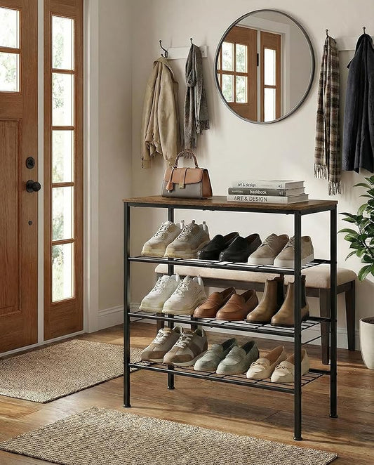 4-Tier Shoe Rack for Entryway, Bedroom & Living Room – Sturdy Shoe Storage Organizer with Adjustable Leveling Feet, Compact Design (26.9”x11.8”x26.1”), Rustic Brown