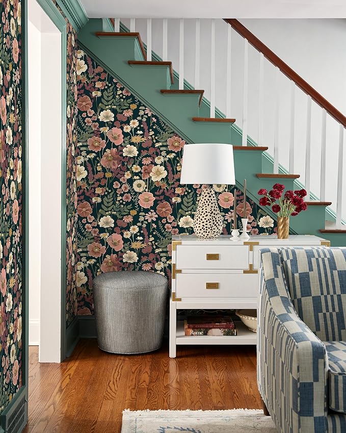 EchoSphere 16.9 inx118 in Floral Peel and Stick Wallpaper Boho Vintage Floral Wall Paper Removable Flower and Leaf Contact Paper Self Adhesive Decorative Wallpaper for Cabinets Accent Wall Covering