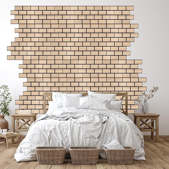 WoveN SounD Brick Acoustic Wall Panels, 16 Pack 16x12 Inch, Wood Veneer Carved Sound Proof Wall Decor, Self-Adhesive for Home, Studio, Office & Focus Zones, Natural Oak