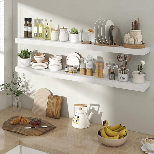 48 Inch Floating Shelves for Wall 2 Pack, 48" Wall Shelves for Books, Storage, Decor, Wall Mounted Floating Shelf with Invisible Brackets for Kitchen, Living Room, White