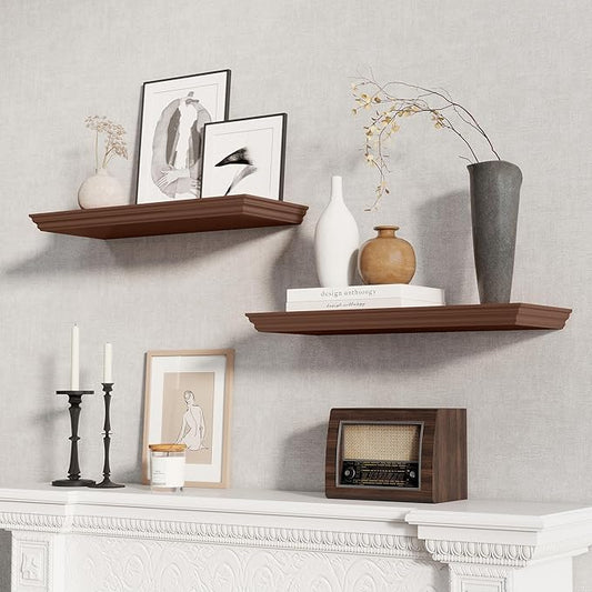 Fun Memories Floating Shelves 24 Inch Long, 9.3 Inch Deep Classic Crown Molding Floating Shelves for Wall, Rustic Wooden Shelves for Wall Decor Bathroom, Kitchen, Office, (Walnut, 2Pack)