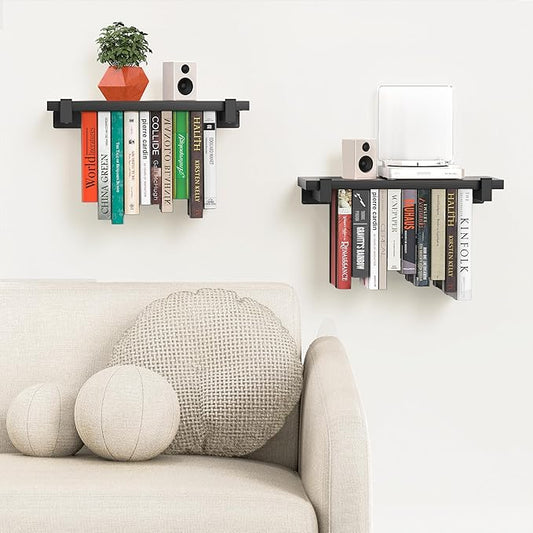 2 Set of Floating Bookshelf, Pine Wood Invisible Bookshelf, Hanging Bookshelves for Wall, Unique Space Saving Wall Bookcase, New Black (16.5L×8.7W×1.5H)