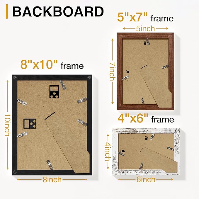 Vittanly 10 Pack Picture Frames, Picture Frames Collage Wall Decor with Two 8x10, Four 5x7, Four 4x6 Frames, Gallery Wall Frame Set for Wall or Tabletop Display, Black, Walnut Brown, Distressed White