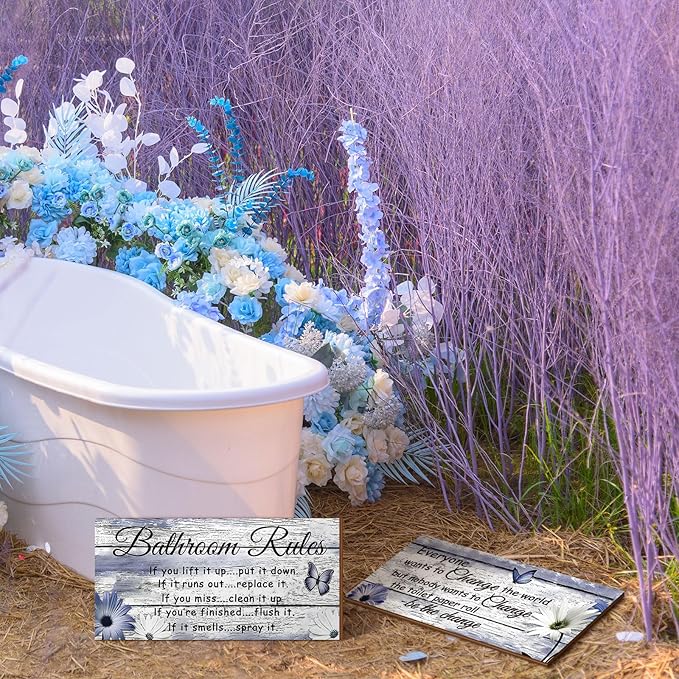Jetec 2 Pieces Funny Bathroom Signs Bathroom Wall Decor Toilet Wall Accessories Farmhouse Toilet Rustic Wooden Signs, 12x6 Inch(Purple Daisy Style)
