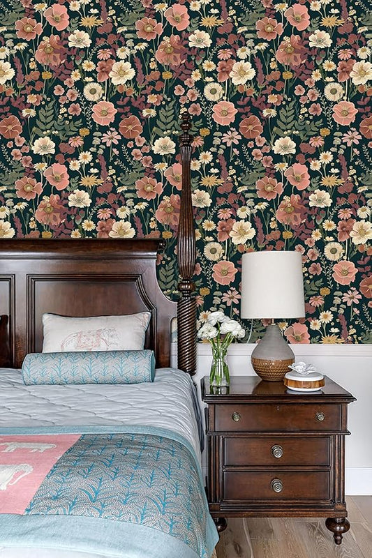 EchoSphere 16.9in x 197in Floral Peel and Stick Wallpaper Boho Vintage Floral Wall Paper Removable Flower and Leaf Contact Paper Self Adhesive Decorative Wallpaper for Cabinets Accent Wall Covering