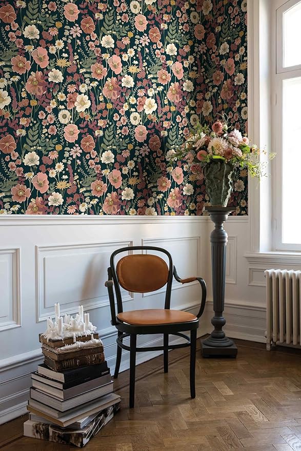 EchoSphere 16.9in x 197in Floral Peel and Stick Wallpaper Boho Vintage Floral Wall Paper Removable Flower and Leaf Contact Paper Self Adhesive Decorative Wallpaper for Cabinets Accent Wall Covering