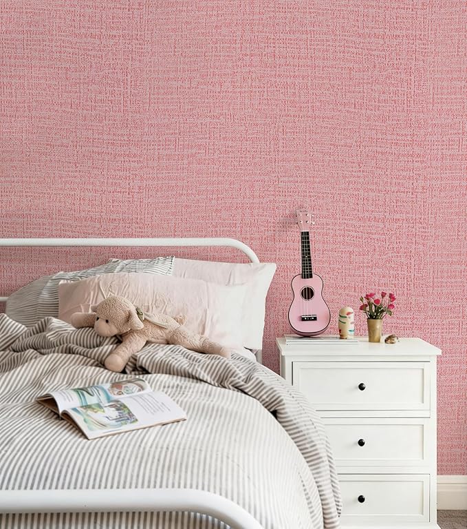 Guvana Grasscloth Peel and Stick Wallpaper Pink Textured Contact Paper Modern Removable Self Adhesive Wall Paper Thicken Fabric Faux Linen Wallpaper for Bedroom Living Room Nursery 197inx15.7in