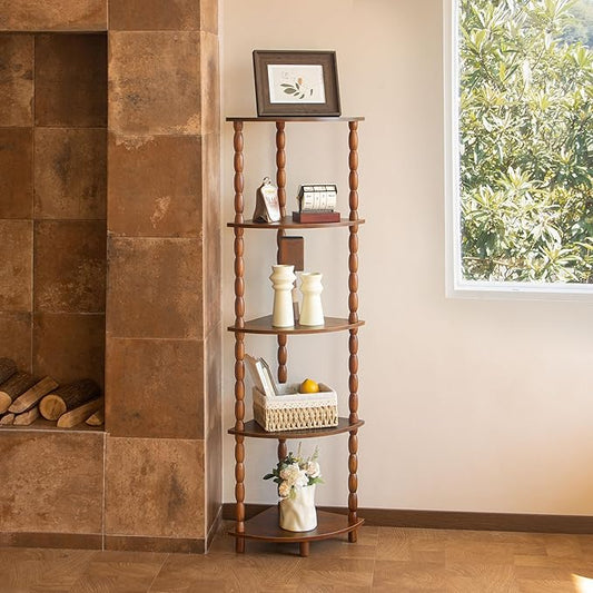 MaxSmeo Corner Shelf, 5-Tier Corner Bookshelf for Small Spaces, Stylish Corner Storage Display Shelves for Bedroom, Bathroom, Kitchen, Living Room (Rustic Brown)