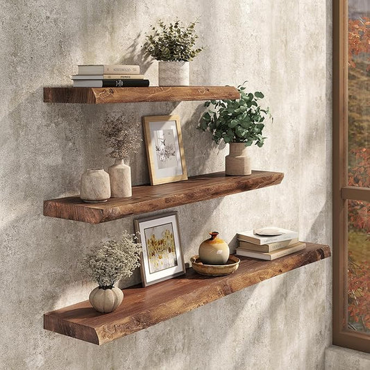 Live Edge Floating Shelf, 48 Inch Solid Elm Wood - Vintage Rustic Wood Wall Shelf with Invisible Brackets for Living Room, Kitchen, Bathroom