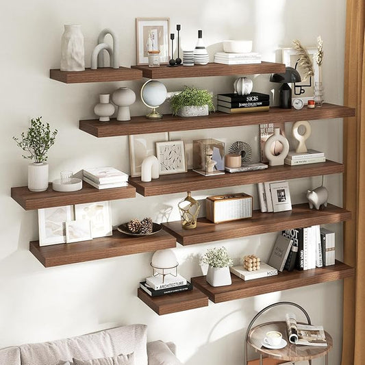 72 Inch Long Floating Shelves for Wall Set of 2, 12"D Wood Grain Bathroom Shelves with Invisible Brackets, Easy Install Engineered Wood Storage Shelves for Kitchen, Living Room, Bedroom, Walnut Finish