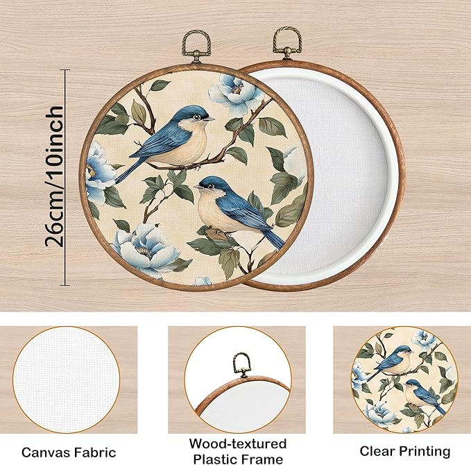 KSDUT Bird Wall Art Decor - Chinoiserie Neutral Mid Century Modern Wall Art Canvas Frame Hanging Prints, Vintage Landscape Round Wall Art Decor for Home Decorations 10"x10"