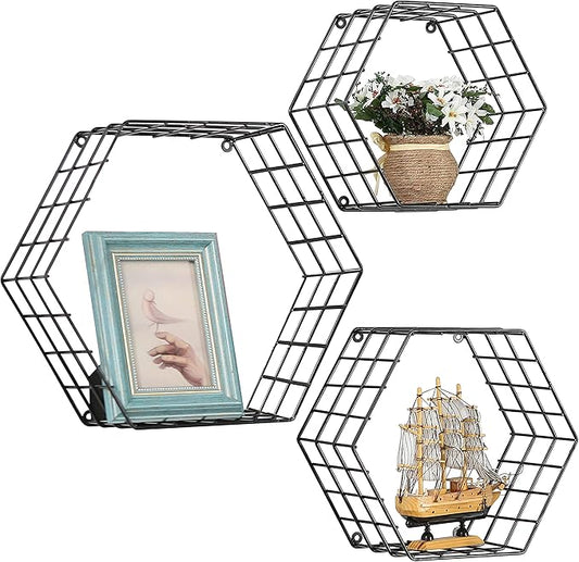 MyGift Black Metal Wall Mounted Crystal Display Shelf, Modern Wire Decorative Floating Shelves for Bedroom Living Room Office, Set of 3