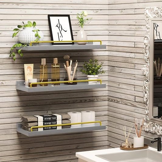 Floating Shelves for Wall Decor, Grey and Gold Shelves for Bathroom, Living Room, Bedroom, Picture Frames, Plants, Kitchen (Set of 3)