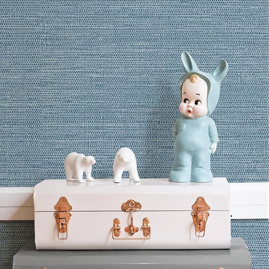 JiffDiff Grasscloth Wallpaper Peel and Stick Blue Grassweave Stick on Wallpaper Textured Self Adhesive Wall Paper Contact Paper 17.3"x472"