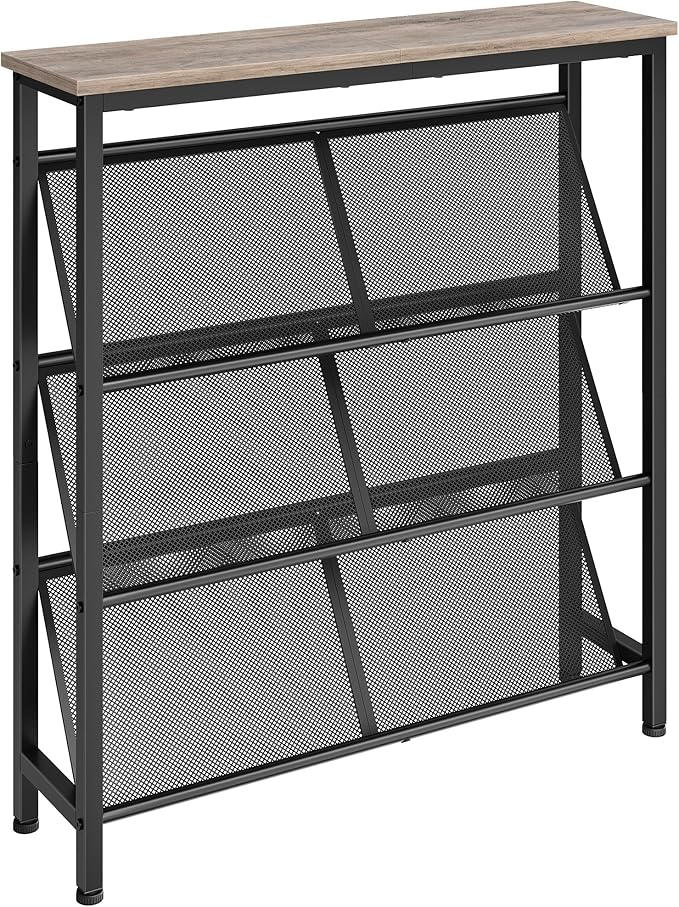 Shoe Rack, 4-Tier Slanted Shoe Storage Shelf, Narrow Shoe Rack for Entryway, Shoe Organizer with Adjustable Feet, Slim Shoe Shelf with Wooden Top and Metal Frame, Greige and Black TXJ75BG