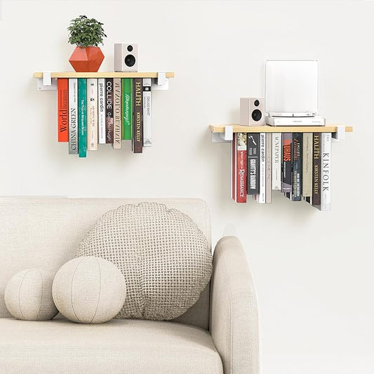 2 Set of Floating Bookshelf with White Shelf Brackets, Pine Wood Invisible Bookshelf, Hanging Bookshelves for Wall, Unique Space Saving Wall Bookcase, White(16.5L×8.7W×1.5H)
