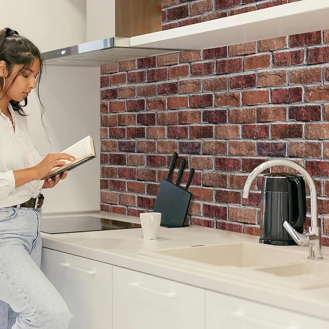 Rugreat Red Brick Peel and Stick Wallpaper Faux Brick Contact Paper for Cabinets Self Adhesive Removable Wallpaper for Backsplash Waterproof Textured Contact Paper for Fireplace Vinyl 17.3inW 591inL