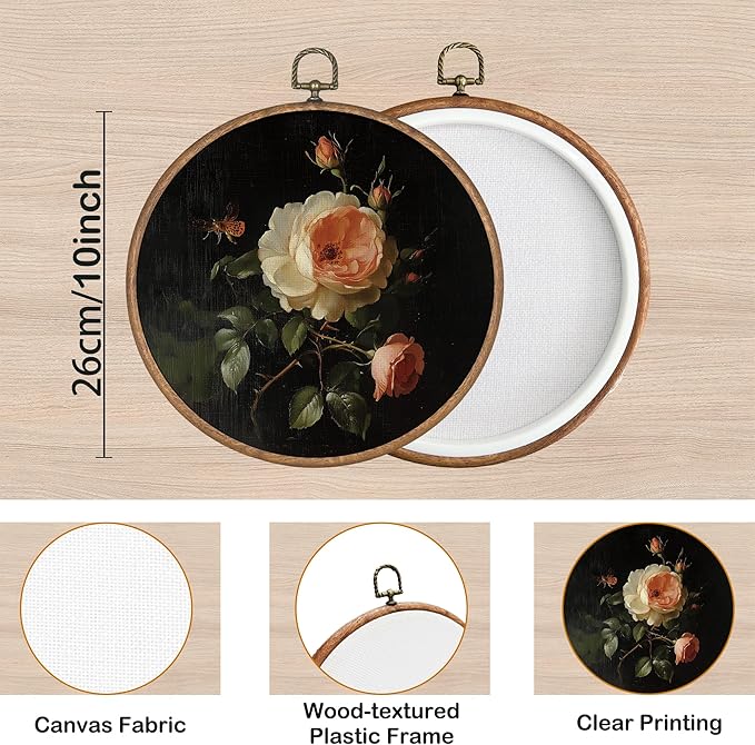 KSDUT Retro Flower Wall Art Decor - Botanical Neutral Mid Century Modern Wall Art Canvas Frame Hanging Prints, Vintage Landscape Round Wall Art Decor for Bedroom Decorations 10"x10"