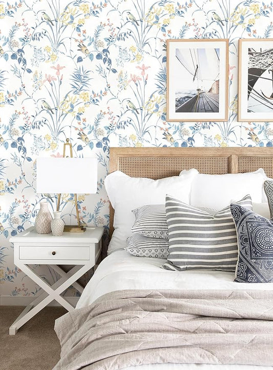 Erfoni 16.9" x197" Modern Floral and Birds Wallpaper Flower Removable Peel and Stick Wallpaper for Bedroom Decorative Self Adhesive Wall Paper Boho Floral Leaf Contact Paper for Accent Walls Covering