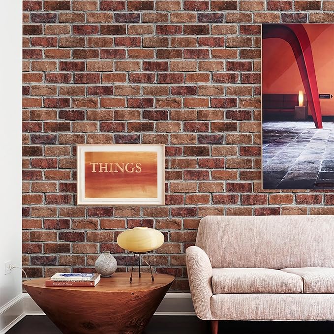 Rugreat Red Brick Peel and Stick Wallpaper Faux Brick Contact Paper for Cabinets Self Adhesive Removable Wallpaper for Backsplash Waterproof Textured Contact Paper for Fireplace Vinyl 17.3inW 197inL