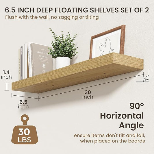 30 Inch Floating Shelves | 6.5 Inch Deep Oak Floating Shelves Set of 2 | 30" W x 6.5" D Rustic Oak Shelves with Invisible Brackets for Bathroom Living Room Bedroom