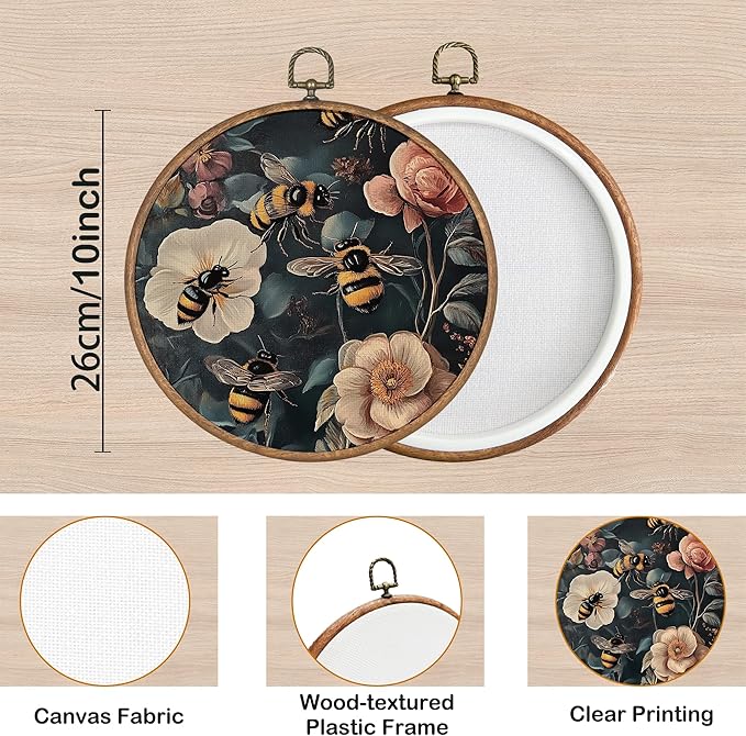 KSDUT Retro Aesthetic Floral Dark Wall Art Decor - Botanical Neutral Mid Century Modern Wall Art Canvas Frame Hanging Prints, Vintage Landscape Round Wall Art Decor for Home Decorations 10"x10"