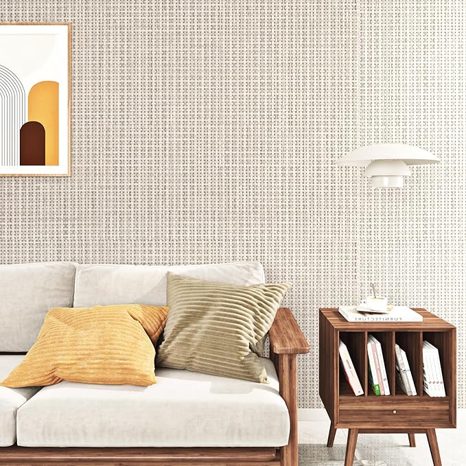 FunStick Beige Wallpaper Stick and Peel for Bedroom Waterproof Grasscloth Peel and Stick Wallpaper Textured Geometric Wall Paper Self Adhesive Beige Contact Paper for Cabinets Walls Shelves 12"x200"