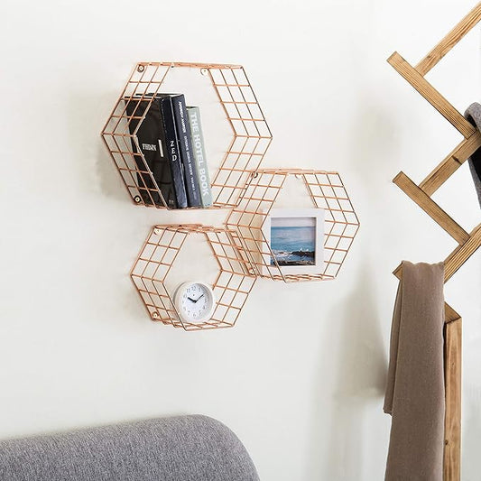 MyGift Copper Floating Hexagon Shelves, Hexagonal Copper-Tone Wire Wall-Mounted Hanging Shelf, Set of 3