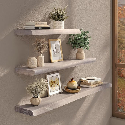 Live Edge Floating Shelf, 48 Inch Solid Elm Wood - Weathered Gray Rustic Wood Wall Shelf with Invisible Brackets for Living Room, Kitchen, Bathroom