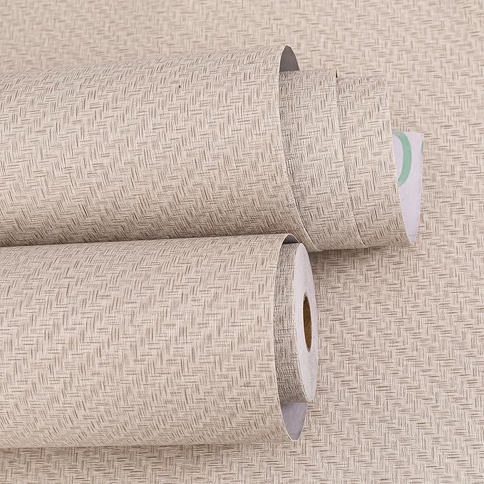 Haimin Fabric Wallpaper Textured Contact Paper (24in X 393in) Grasscloth Wallpaper Peel and Stick Faux Linen Wall Paper Waterproof Vinyl Self Adhesive (Light Brown-1)