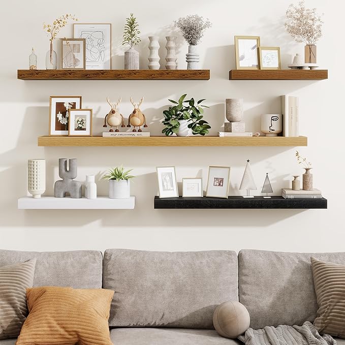 Fun Memories Floating Shelves Set of 2, 24 Inch Floating Shelves for Wall, Wood Wall Shelves with Invisible Brackets, for Bathroom, Bedroom, Living Room, Kitchen, Black