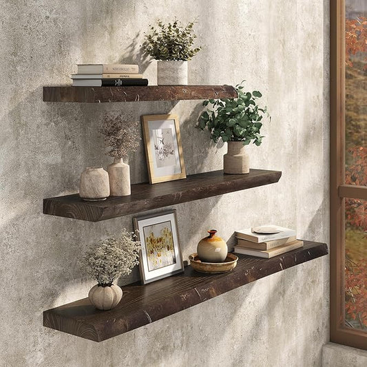Live Edge Floating Shelf, 40 Inch Rustic Solid Elm Wood - Walnut Brown Finish with Invisible Brackets, Wall Mounted for Living Room, Kitchen, Bathroom