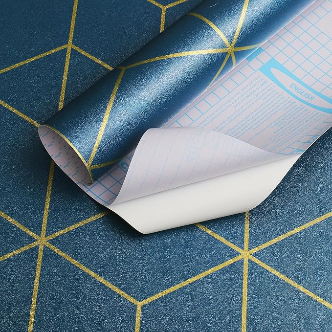 Safiyya Blue and Gold Geometric Wallpaper Peel and Stick Contact Paper Self Adhesive Removable Wallpaper Waterproof Contact Paper for Walls Vinyl Roll 118"x17.3"