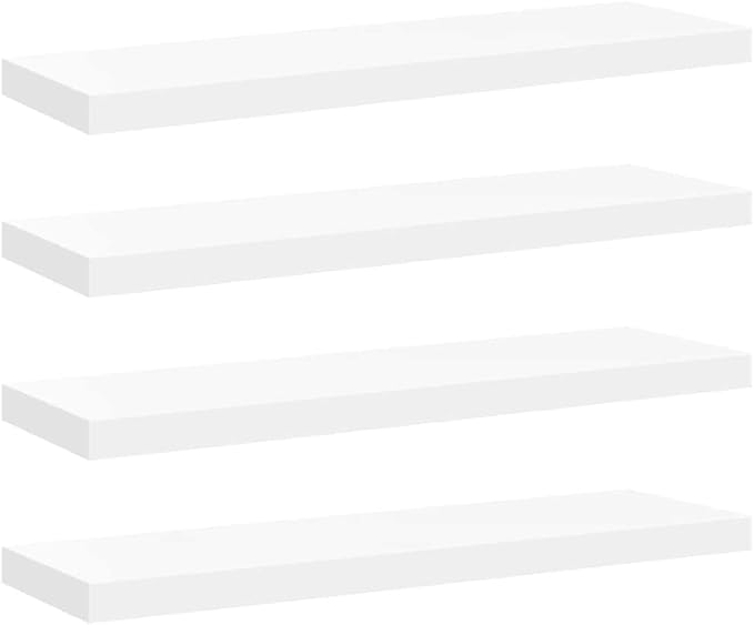 Set of 4 White Floating Wall Shelves, Honeycomb MDF and Metal Construction 31.5x9.3x1.5 Inches, Modern Invisible Mounting System for Living Room Bedroom Office Storage