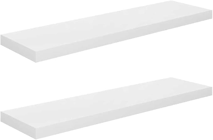 Set of 2 High Gloss White Honeycomb MDF and Metal Floating Wall Shelves with Invisible Mounting, Modern Minimalist Design for Living Room Bedroom Office Storage and Display